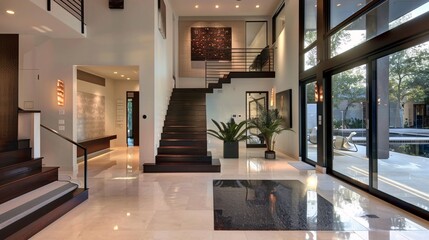 Modern Home Interior with Grand Staircase and Large Windows