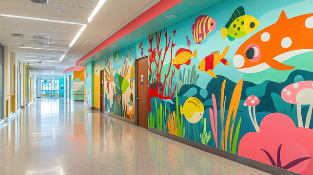Colorful murals decorate walls of pediatric hospital corridor, creating cheerful atmosphere