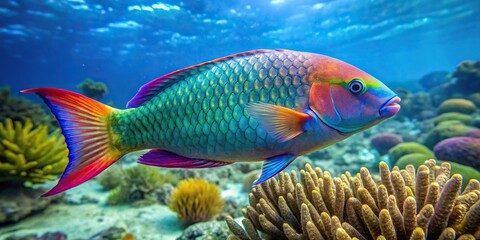 Naklejka premium Colorful parrotfish swimming in Caribbean Sea, Guadeloupe