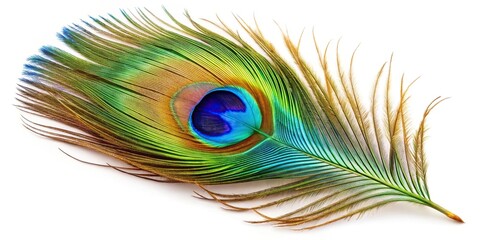 Colorful peacock feather isolated on white background with shallow depth of field