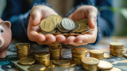 A person holding handful of coins with piggy bank nearby, showcasing savings