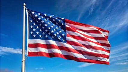 Obraz premium A vibrant American flag with fifty white stars arranged in a circular pattern on a blue canton, waving proudly against a clear blue sky.