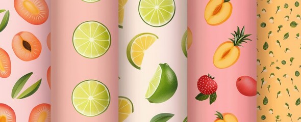 4 retro vector-style cards with fruit patterns, featuring pineapples, lemons, oranges, and kiwi on a pastel green background.