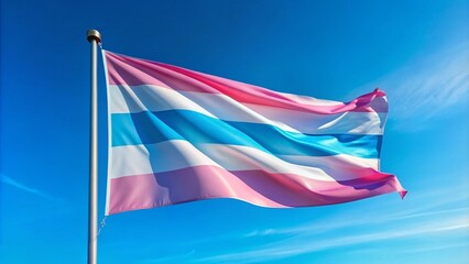 A vibrant blue, pink, and white striped flag waving in the wind, symbolizing unity and pride within the