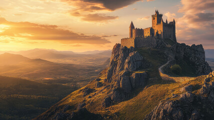 Obraz premium Majestic castle perched on rocky hill during sunset, showcasing stunning views