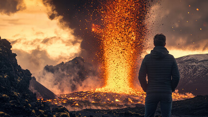 A person looking in wonder at an erupting volcano, captivated by natures power