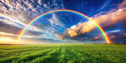Obraz premium Colorful rainbow in sky above grassy field with forced perspective