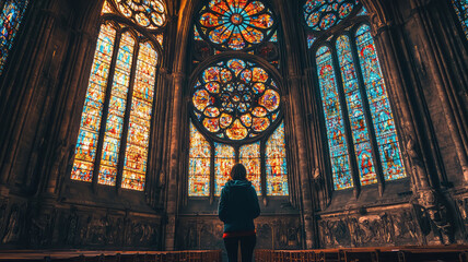 Obraz premium A person looking in wonder at intricate details of stained glass windows