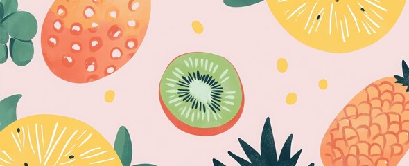 4 retro vector-style cards with fruit patterns, featuring pineapples, lemons, oranges, and kiwi on a pastel green background.