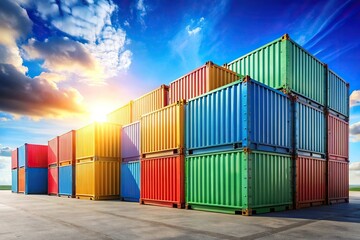 Fototapeta premium colorful shipping containers on concrete under blue sky aerial view