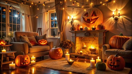 Obraz premium A warm and inviting living room transformed into a spooky atmosphere with dimly lit jack-o-lanterns, cobwebs, and eerie decorations, perfect for a haunted Halloween night.