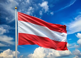 A waving white, red, and white horizontal tricolor flag with bold, vibrant stripes blows in the wind, symbolizing