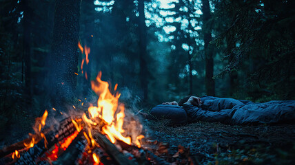 A person sleeping next to campfire in forest, surrounded by natures tranquility