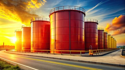 Obraz premium Colorful storage tanks painted red and yellow on the road