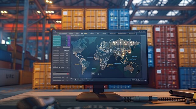 A computer monitor displays a map of the world with lit up cities and data on the screen in front of a stack of shipping containers.