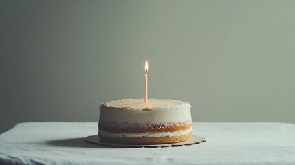 A cake with minimal details, topped with one slim candle in the middle, on a clean white surface and soft background