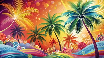 Colorful tropical background featuring abstract tree patterns