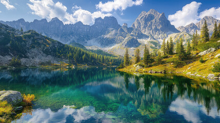 A picturesque mountain scene with crystal clear lake reflecting stunning landscape