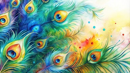 Colorful watercolor background with beautiful peacock feathers