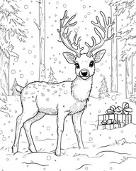 Playful Reindeer in Snow Coloring Page for Kids - Minimalistic Black and White Outline Artwork of Reindeer with Presents Playing in Snow, Ideal for Coloring Books