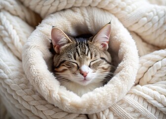 Adorable feline curled up in a cozy ball, paws tucked in, eyes closed, and whiskers relaxed, surrounded by