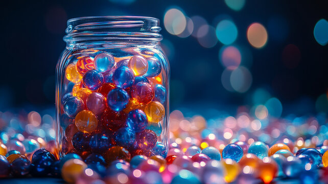 Glass jar filled with colorful orbeez, glowing bokeh background