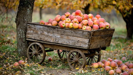 Freshly harvested apples in rustic wooden cart create charming autumn scene