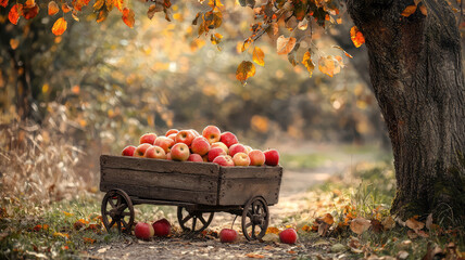 Freshly harvested apples in rustic wooden cart under autumn leaves