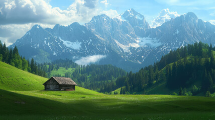 A serene mountain pasture with small wooden cabin surrounded by lush greenery and majestic peaks