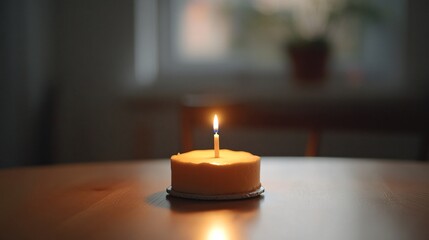 Single-layer cake with one small candle, placed on a sleek wooden table, in a minimalist interior
