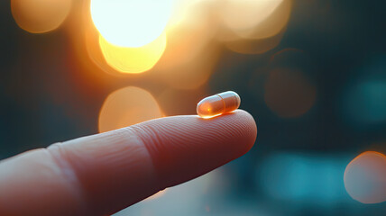 A single pill resting on tip of finger against beautiful sunset