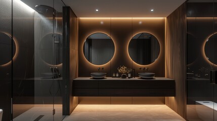 Spacious bathroom with a double vanity, backlit mirrors, and a modern rain shower. Close-up photo with clean background