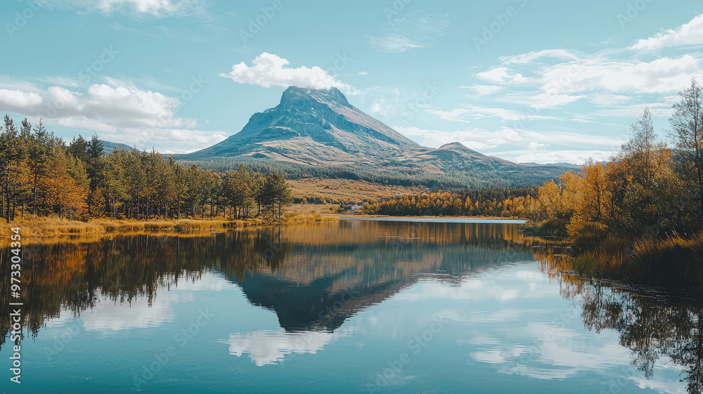 Sticker a serene mountain reflected in calm lake surrounded by trees