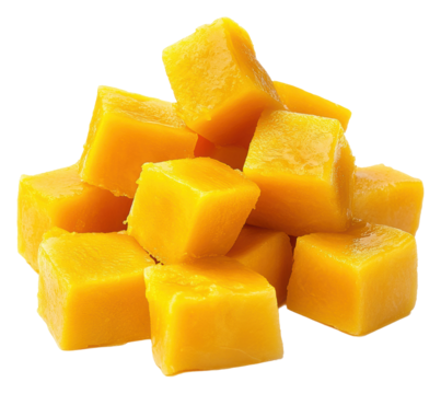 PNG Freshly cut mango cubes stacked on a white surface
