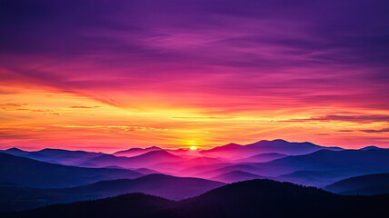 A vibrant sunset over mountain range with colorful skies evokes tranquility