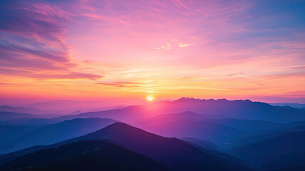 A vibrant sunset over mountain range with colorful skies evokes tranquility