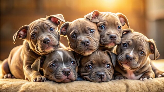 Adorable Staffordshire Bull Terrier puppies playfully piling up on each other, showcasing their sweet expressions and