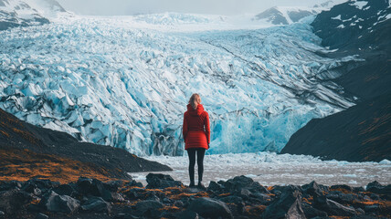 Obraz premium A woman standing in wonder in front of massive glacier, captivated by natures beauty
