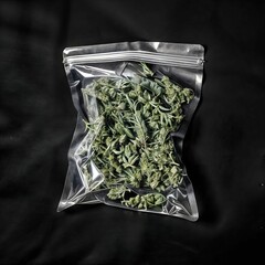 Plastic Bag with Dried Cannabis Buds on Black Background
