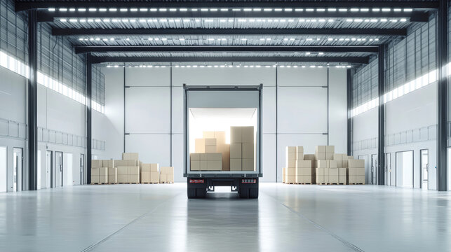 Inside a vast warehouse, a truck's open door reveals neatly stacked cardboard boxes, all set for an efficient delivery in a pristine environment