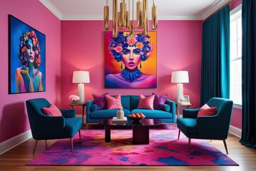 Feminine Perspective in Contemporary Art Featuring Bold Colors and Dynamic Interiors