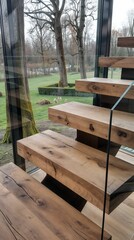 Modern wooden staircase with a view of a lush green garden through large glass windows