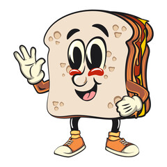 sandwich bread cartoon character mascot retro vector design greet by waving your hand, work of hand drawn