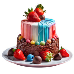 chocolate multicolor cake with strawberries isolated on a transparent  background 