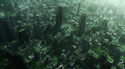 Fototapeta premium Overgrown skyscrapers and ruined city streets reclaimed by nature in a post-apocalyptic urban landscape under a hazy green sky.