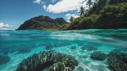 Fototapeta premium Tropical Island and Coral Reefs Split View