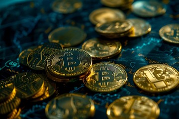 A image of Bitcoin and various gold coins, juxtaposed against a dark, indistinct stock chart backdrop, with exceptional detail and sharpness.