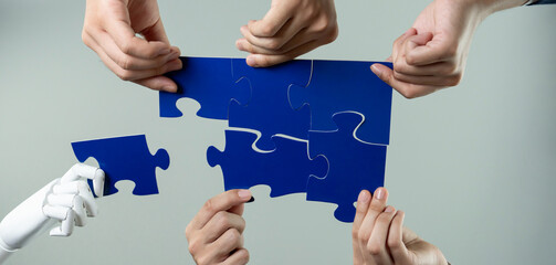 Futuristic HR recruitment with productive automation working in panoramic banner, as AI or artificial intelligence robotic workforce displace human. Robotic hand hold puzzle piece to fill gap. Shrewd