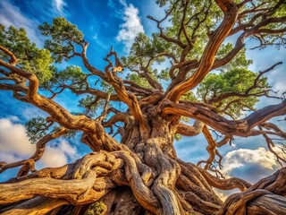 Aged, gnarled, and twisted tree branch stretches towards the sky, its weathered bark and tangled roots telling a