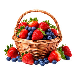 strawberries and blueberries in a basket isolated on a transparent  background 